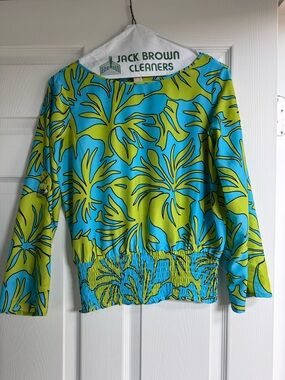 Michael Kors Blue and Lime Green Tropical Print Blouse, loose fit